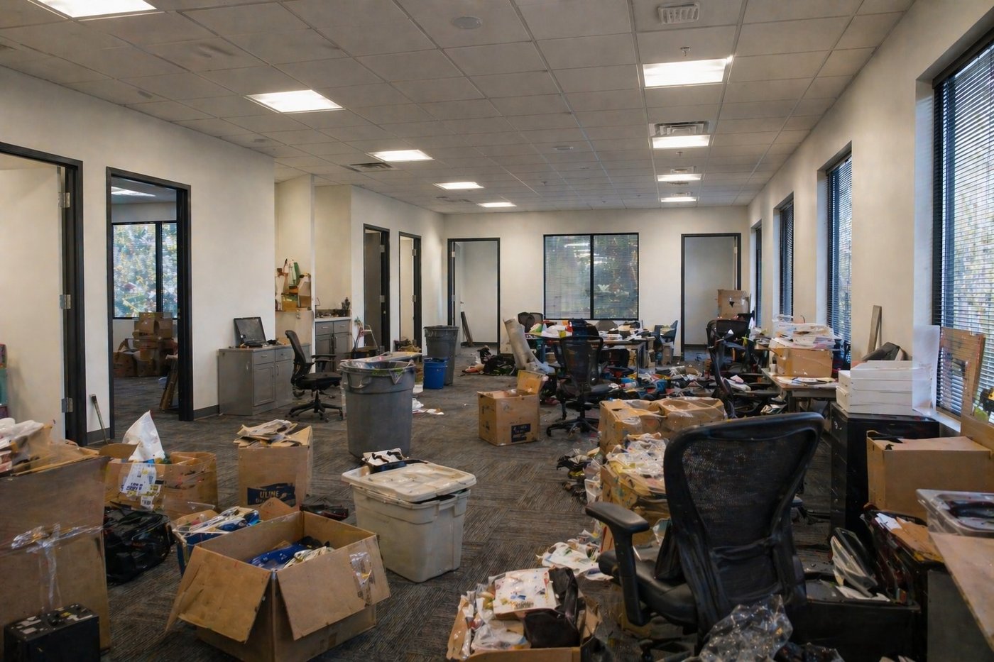 Cluttered office with old furniture and boxes before cleanout